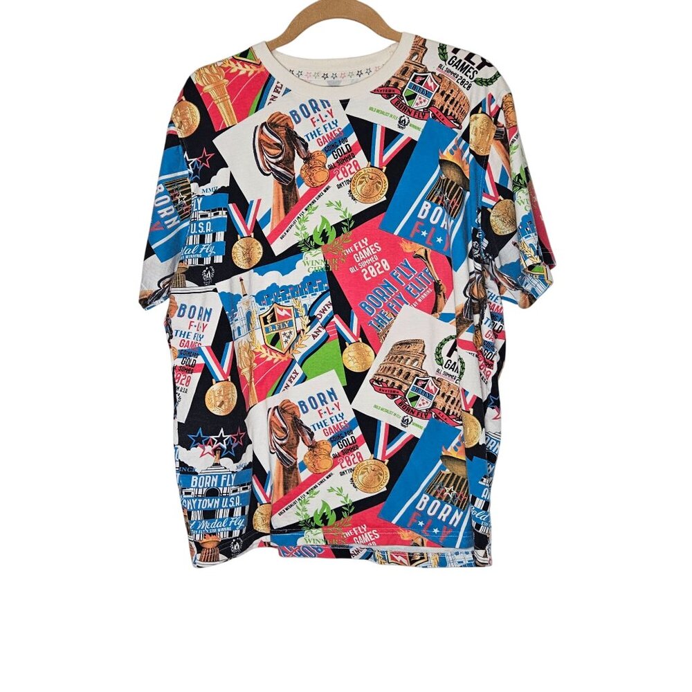 Born Fly Mens Medium Graphic T-Shirt With USA-Themed Collage Fly Games Medals